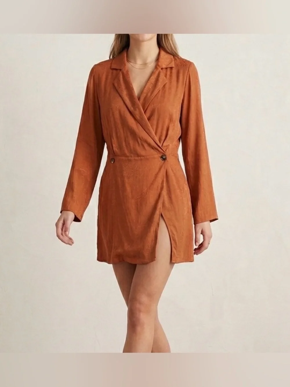 Free People Simone Wrap Mini Dress Cinnabar Rust Orange Notch Lapel V Neck SizeM